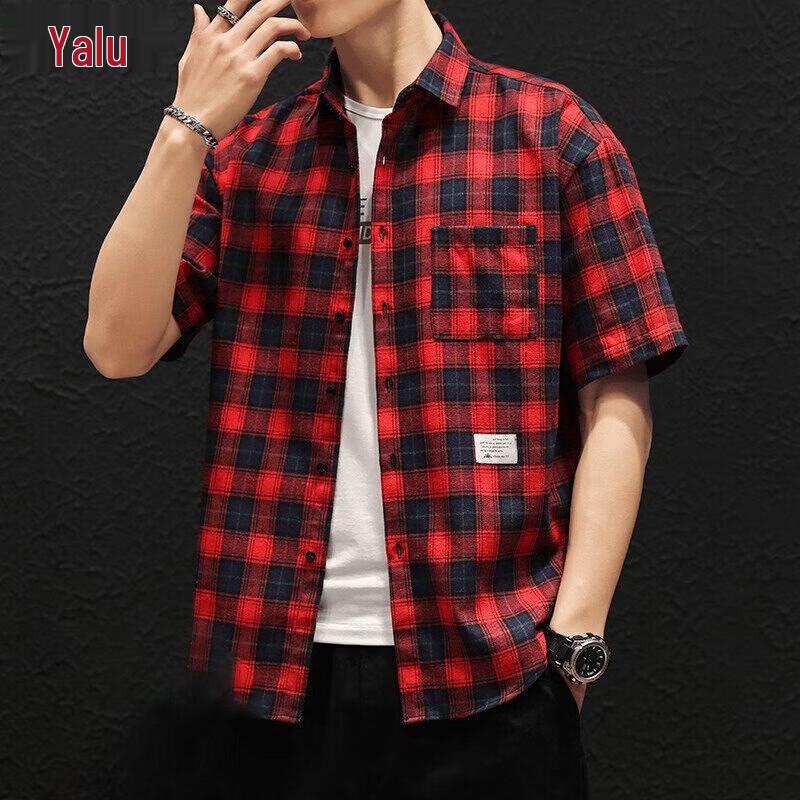 Yalu Men's Loose Fit Plaid Short-Sleeve Shirt