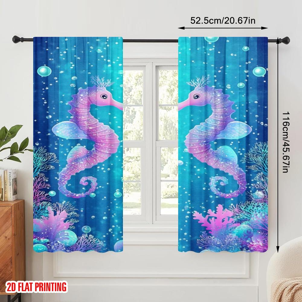 2pcs,2D plane printing Curtain Fabric Dreamy Seahorses Versatile Fabric (without rod) Festive Perfect for Study, Living Room,