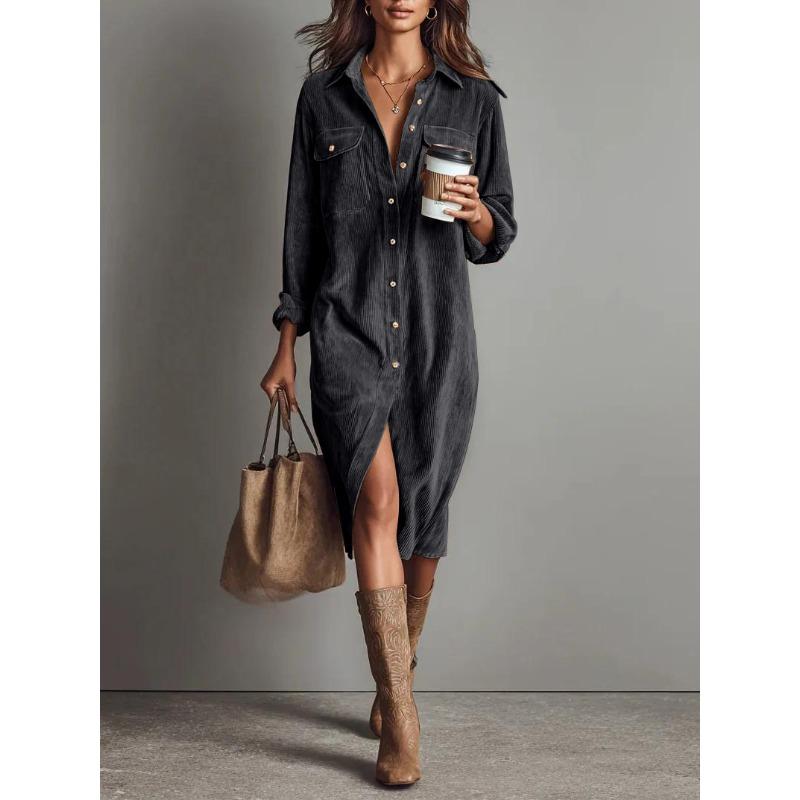 QICED Women's Fashion Solid Color Print Long Sleeve POLO Neck Casual Dresses