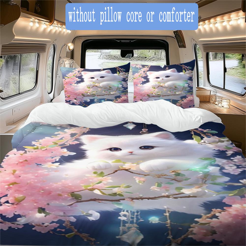 Whimsical cat & florals Pattern Bedding,Quilt Set Quilt Cover Pillowcase Home Birthday Gift (1*duvet cover+2*pillowcase,without core)ZSJT0917425