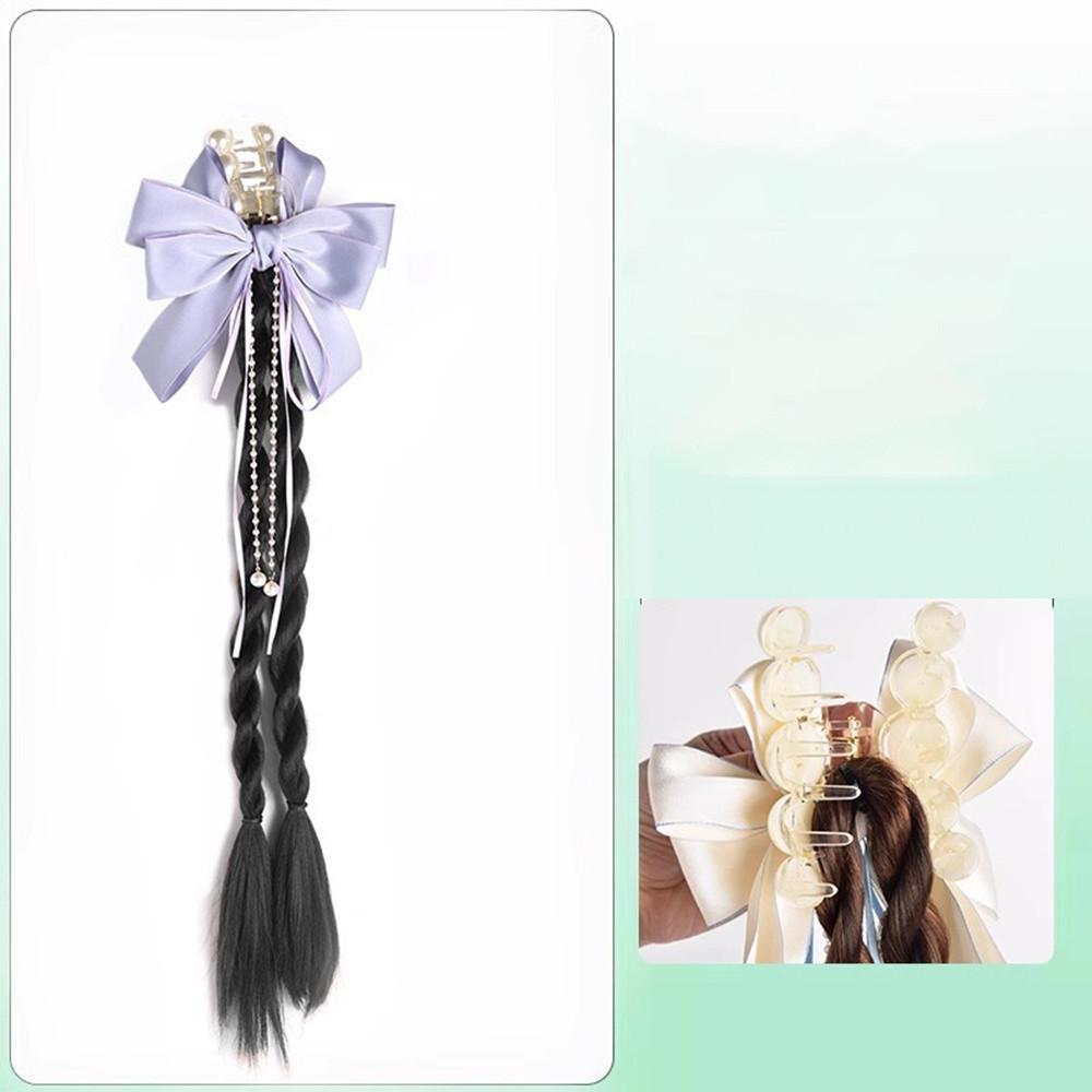 Female Synthetic Wig Lace Flower Bow Tie Tassel Grabbed Clip Wig Natural Fake Twist Ponytail Creative Gentle Versatile Hairstyle