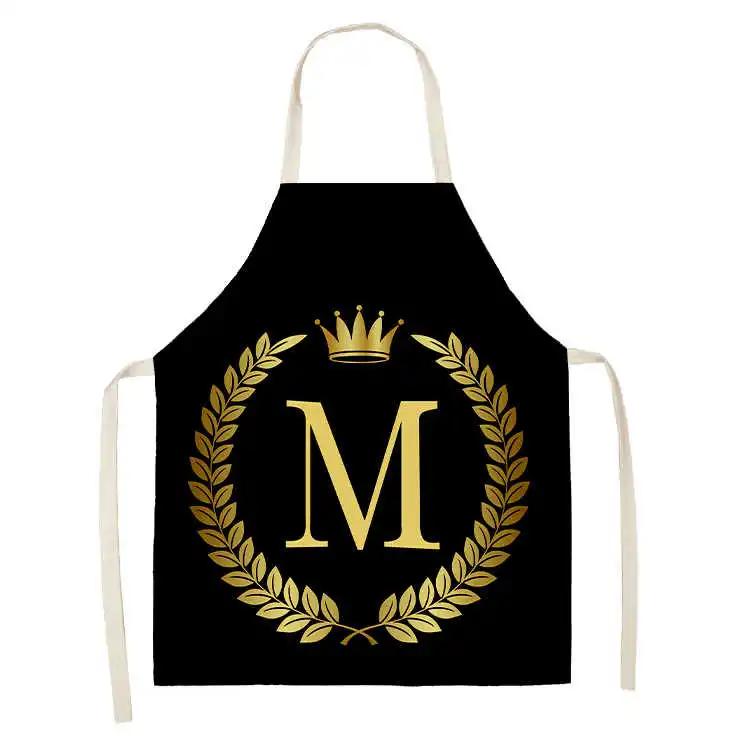 Grembiule da Cucina con Stampa Alfabeto Corona Dorata Nera per Donna Uomo Grembiuli in Cotone Lino per Cucinare Pulizia della Casa Strumenti Tablier