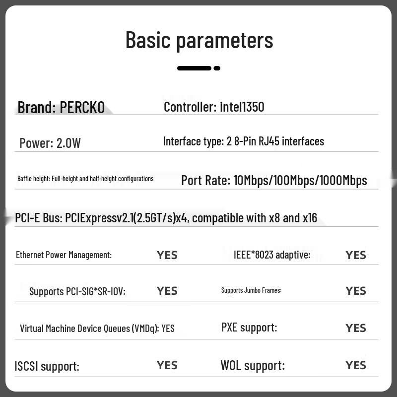 PERCKO Intel I350AM2 PCIe X4 Gigabit Dual-Port Server Network Card (CN Version)