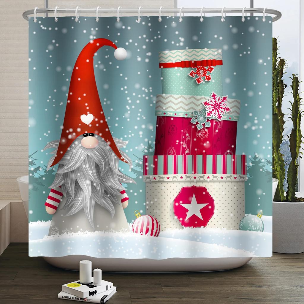 Christmas Shower Curtain Xmas Tree Winter Forest Snow Cute Snowman Bathroom Shower Curtain Waterproof Bath Curtain With Hook
