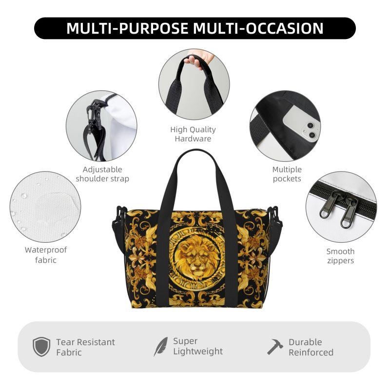 Goldener Löwe Barockmuster Reise-Duffelbag Personalisierte Weekender Übernachtungstaschen mit Schultergurt Unisex Sport-Gymnastiktasche