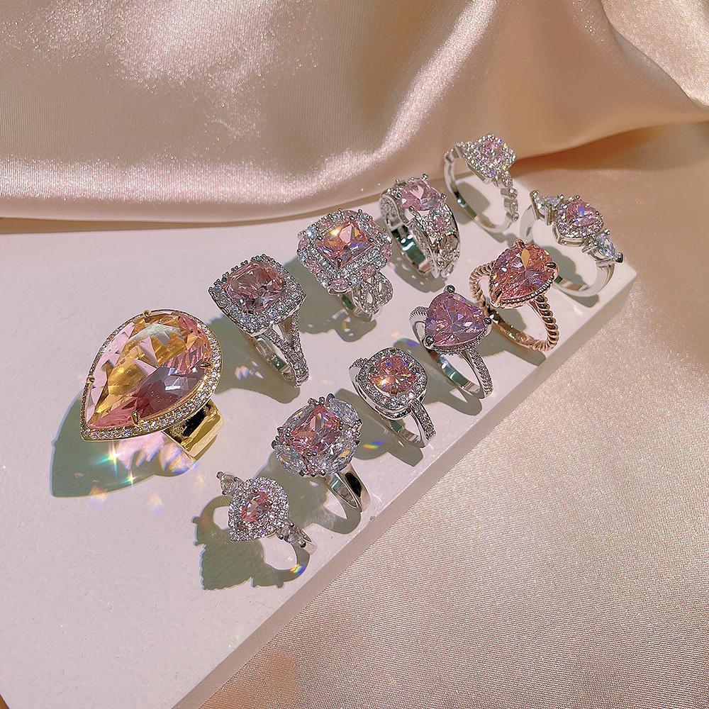 NEW Classic 925  Inlaid Zircon Engagement Ring Pink Crystal Women Shiny Zircon Jewelry Heart-shaped Pink Women's Ring