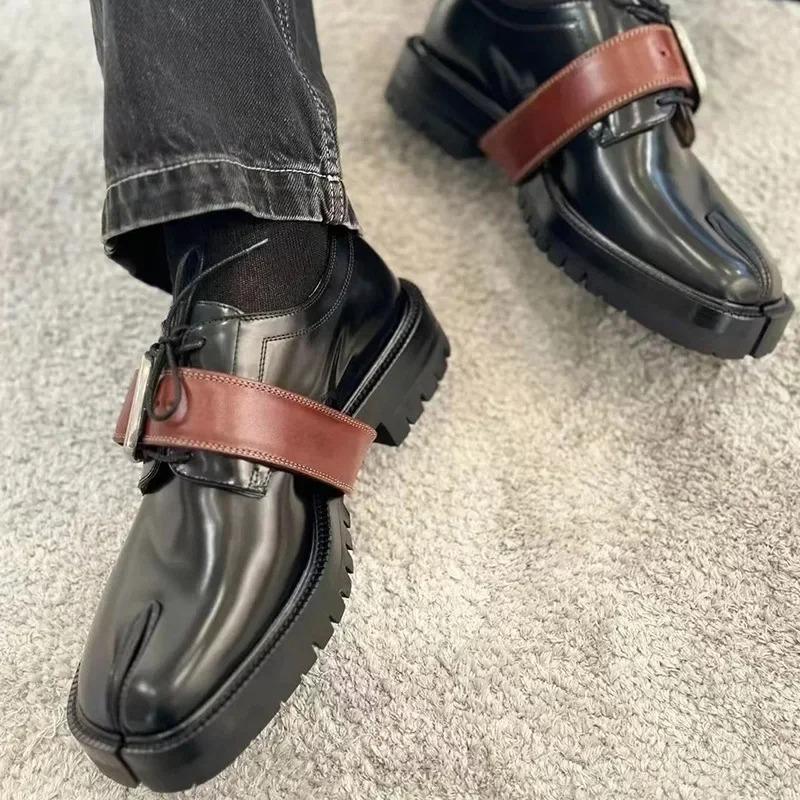 Women's Fall Winter Thick Bottom Heightening Fashionable Versatile Oxford Shoes Color Block Leather Version Ankle Strap Casual