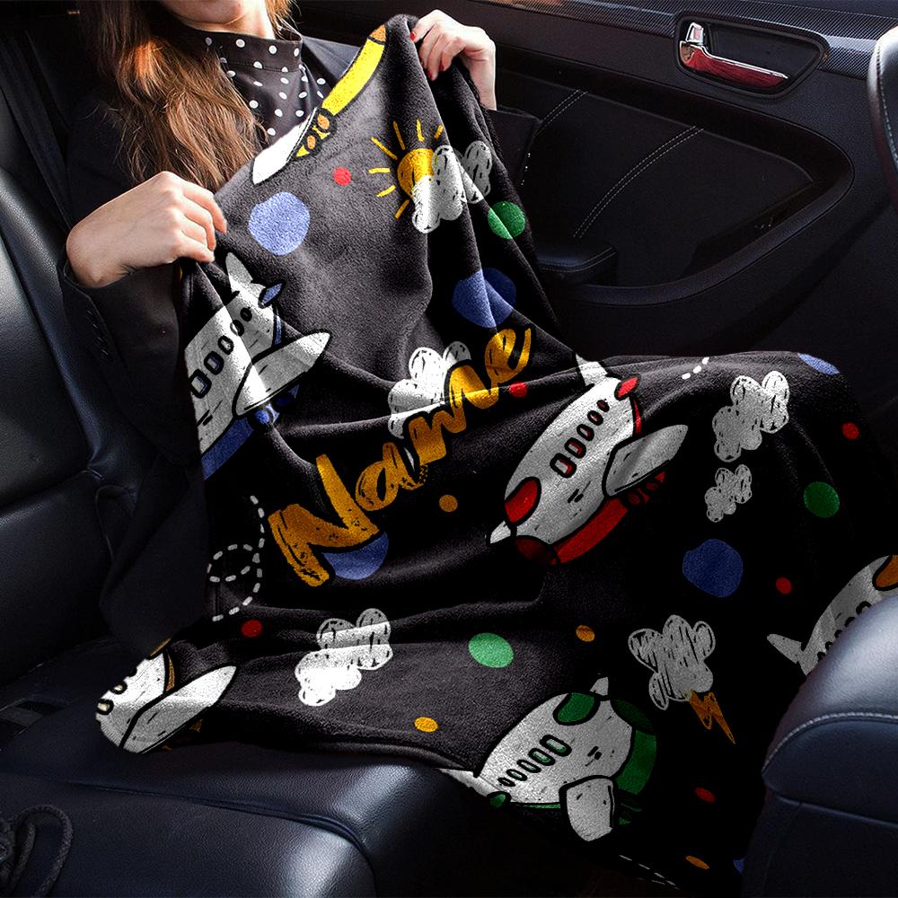 Custom Name Cute airplane Theme Printed Blanket - Perfect for Couch, Bed, Travel & Outdoor Use | Machine Washable, Cozy & Durable.