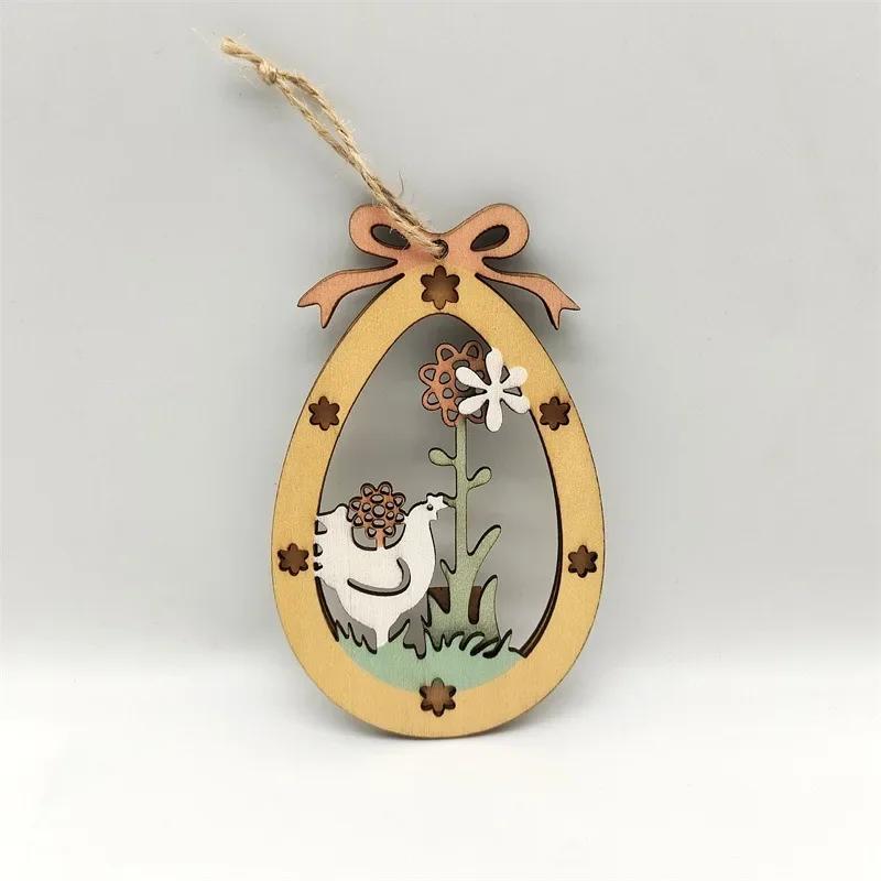 

2025 Wooden Hollowed Easter Egg Pendants Bunny Rabbit Chick Egg Wood Craft Hanging Ornaments Kids Happy Easter Day Party Decor