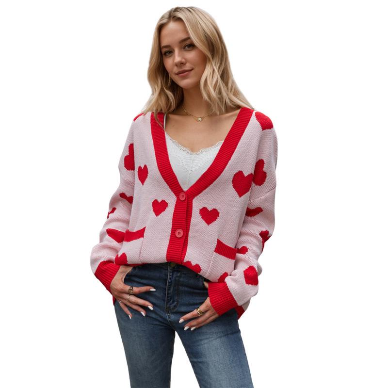 Women Autumn Winter Long Sleeve V Neck Love Heart Two Pocket Soft Breathable Loose Cardigan Sweater Coat