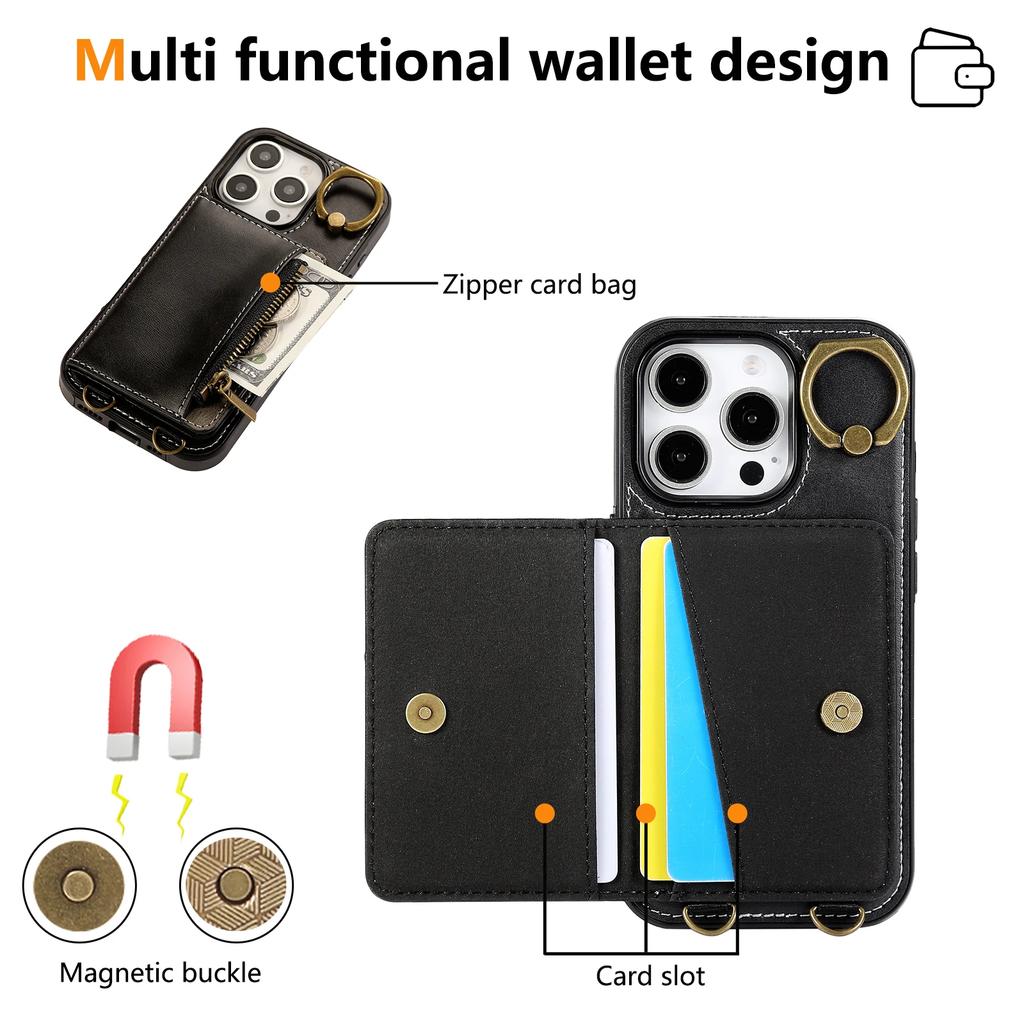 Luxury Leather Card Bag Slot Phone Case for IPhone 16 15 14 16E 13 12 17 Pro Max Plus Cases Stand Sleeve Cover with Wrist Band