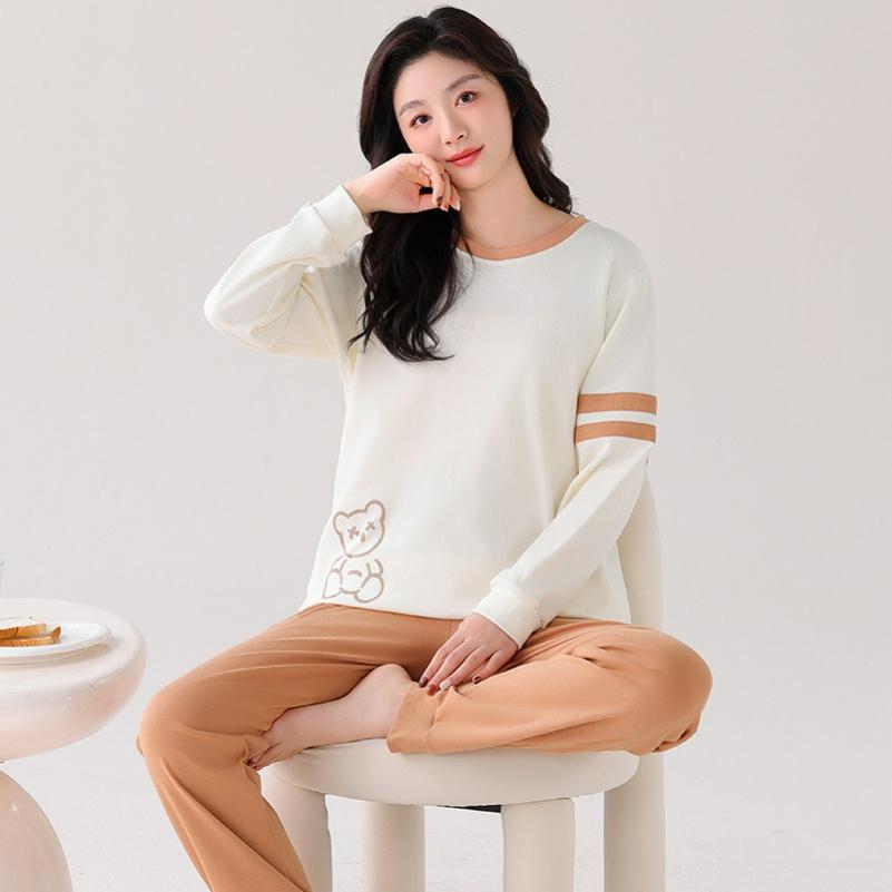 Pure Cotton Pajamas Women's Autumn Long-sleeved with Chest Pads Women's Casual Loose Large Size Cotton Home Service Suit