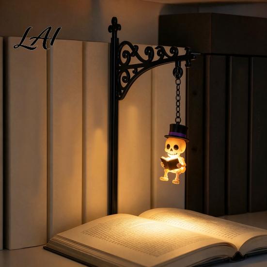 Book Corner Ornament Halloween Iron Library Lamp Vintage Bookshelf Light with Ghost Pumpkin Bat Mini Wrought Figurine Pendants Reading Nook