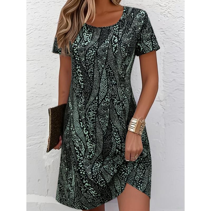 Women's Casual Leopard Print Breathable Round-neck Short-sleeve T-shirt Dress, Elegant Vacation-style A-line Midi Skirt