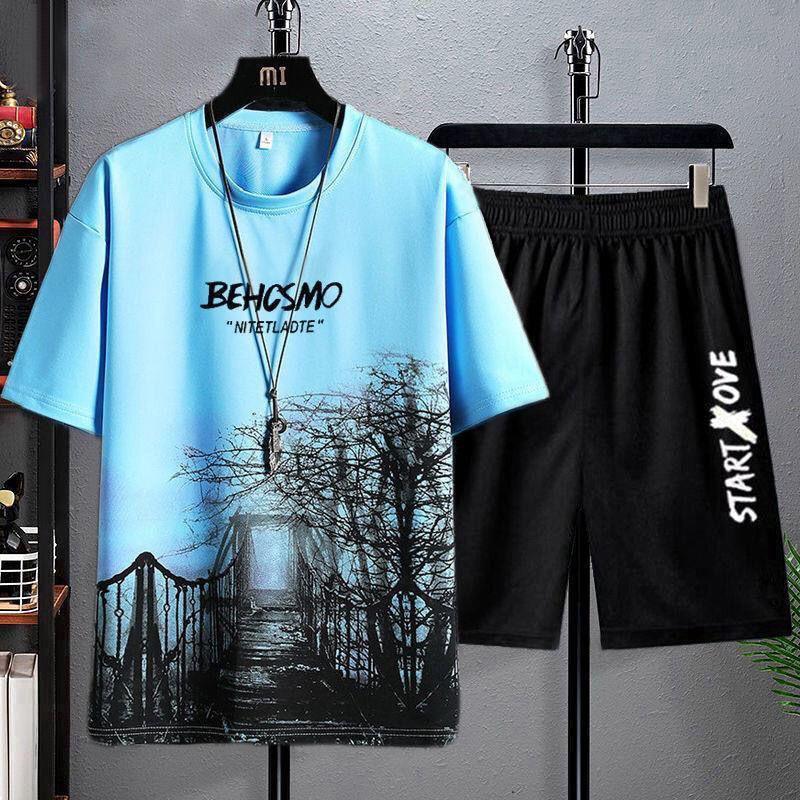 Summer Suits for Men Gradient Tracksuit Short Sleeve Tees Shorts Set Men Sporty Two-piece Man Tshirt Outfit Stylish Clothing Top