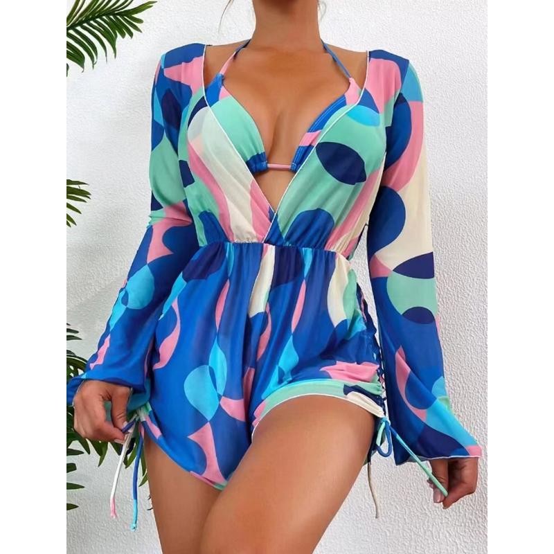 3 Piece Sexy Bikini Set Long Sleeve Sheer Mesh Cover Up Colorful Print Deep V Summer Beach Vacation Bathing Suit Swimwear