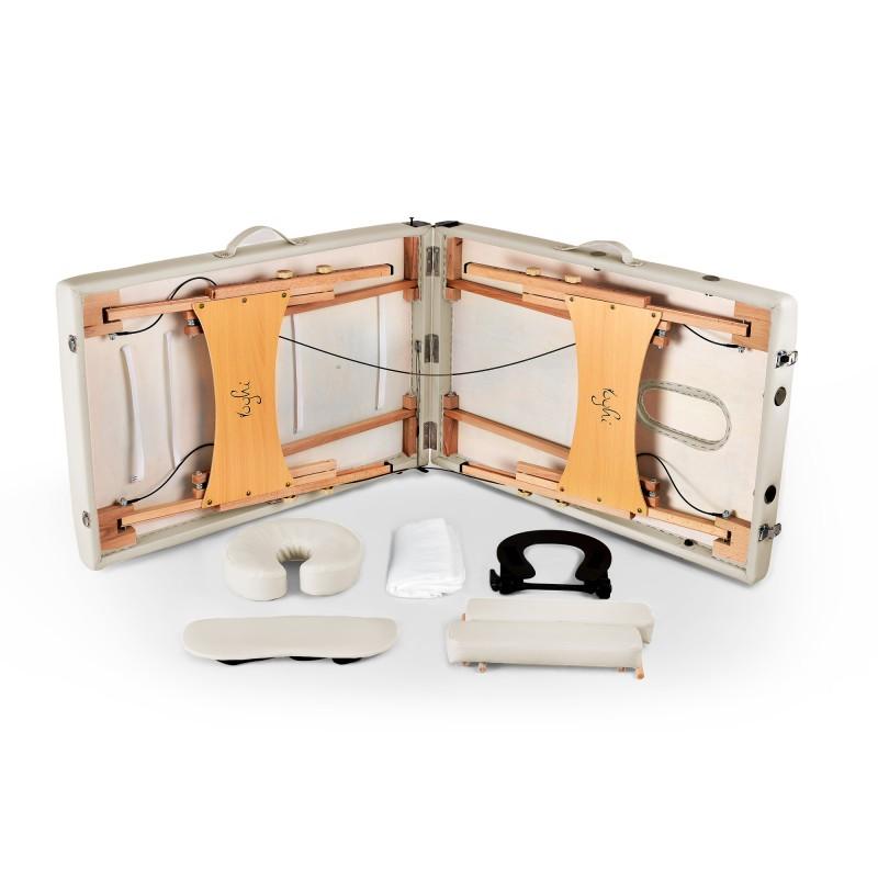 Yoghi - Tdm102 Crème - Table De Massage Pliante 2 Zones - Bois De Hêtre - Dossier Réglable - Housse De Transport Incluse