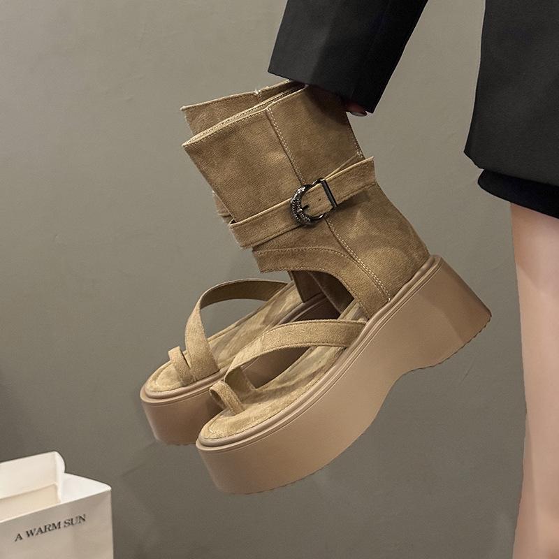 

Ретро крутые ботинки на толстой подошве женские 2025 лето новая мода сандалии с закрытым носком на высокой платформе ботильоны на молнии 40 хаки