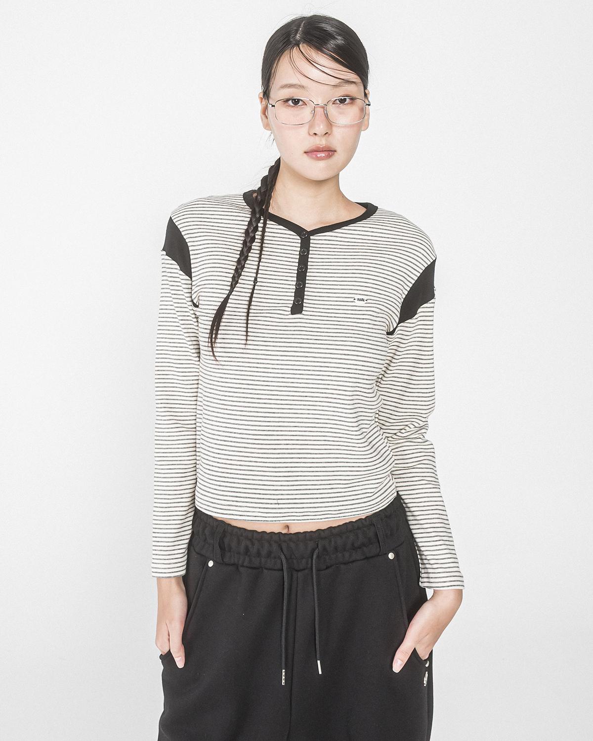 Havism Stripe Shoulder Block Henry L/S Tee(Ivory) Ivory/One Size