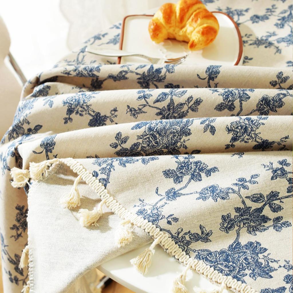 Pastoraler runder Tischdecke, Vintage Baumwoll-Leinen waschbare Tischdecke, Blaue Blumen Tischdecke für Terrassentisch, Esszimmerdekoration