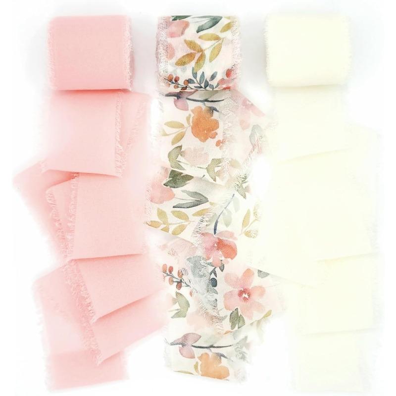 3 Roll/set 5m Frayed Edged Satin Handmade Chiffon Silk Ribbon for Wedding Invitation Bouquets Birthday Party DIY Decoration Gift