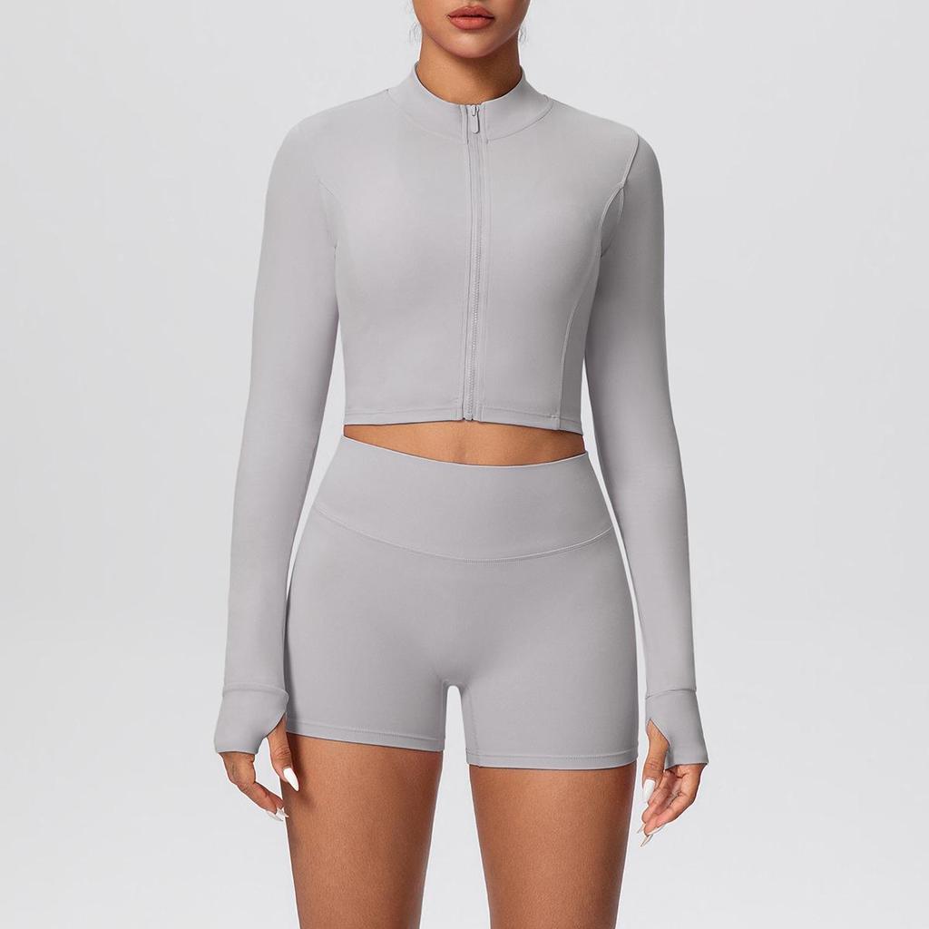 High-Waisted Hip-Lift Sports Shorts & Zip Jacket Yoga Set - Nude Feel for Casual Run & Fitness