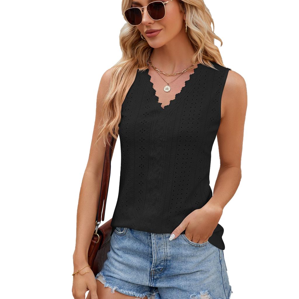 Frühling und Sommer V-Ausschnitt Spitze Spleißen Lose Ärmelloses Westentop für Frauen