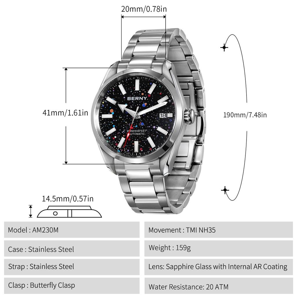 BERNY Automatic Watch for 200M Waterproof Super Luminous Mechanical Full Stainless Analog Sapphire Calendar Included Men, Men's Watch, Silver, Watch,