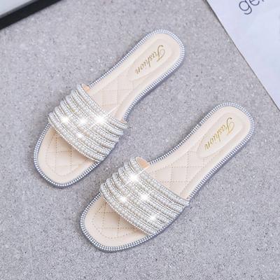 New Water Diamond Pearl Slippers Women's Summer Outwear Fashion Flat Bottom Tourism Resort Beach Shoes Cool Slippers Large