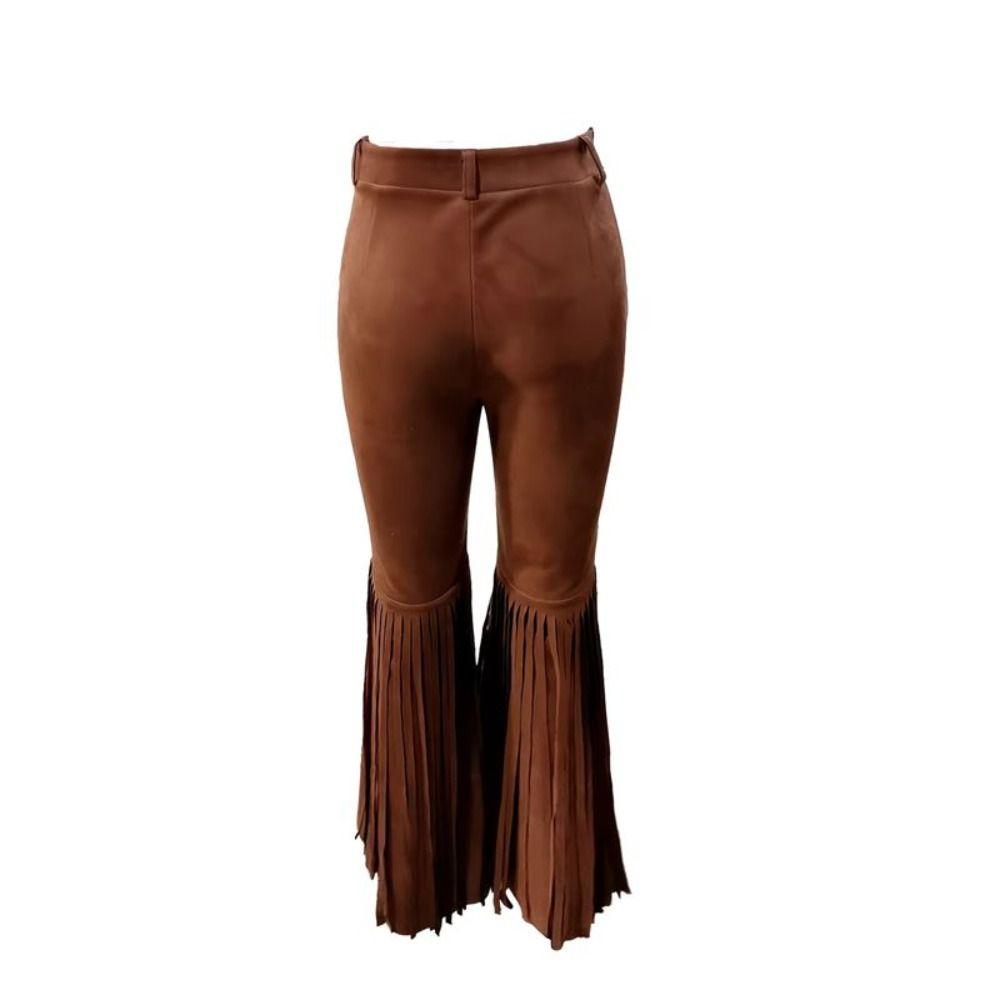 Solid Color Suede Tassel Pants Fringe Hem Slim Fit Flare Pants Retro High Waist Trousers  Party