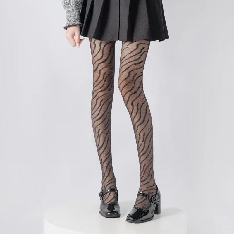 Women Glitter Silver Silk Pantyhose Sexy Zebra Stripes Geometric Pattern Tights High Stockings