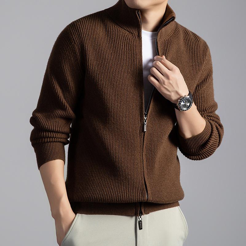 Men's Stand Collar Wool Cardigan Sweater - Casual Zipper Jacket for Autumn/Winter