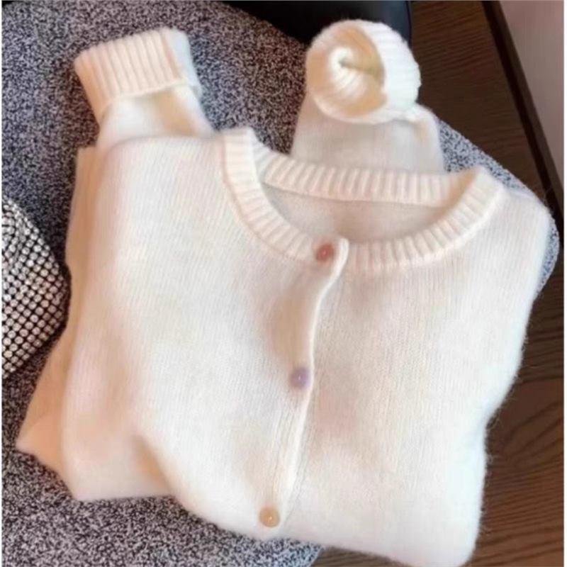 Women s Korean Style Mohair Knit Cardigan - White Round Neck Raccoon Fur Sweater for Autumn/Winter S (70-90 jin)