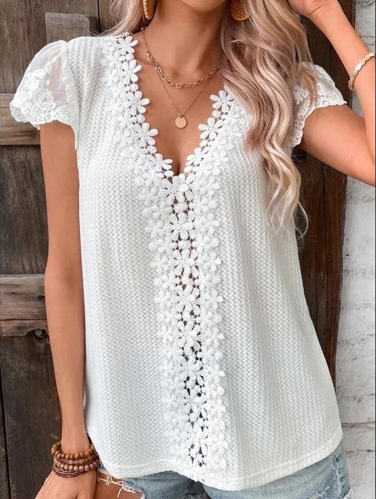 

Blusas, летняя кружевная однотонная повседневная футболка с короткими рукавами, женская свободная рубашка, женская футболка с v-образным вырезом, повседневный однотонный топ 28332 S белый