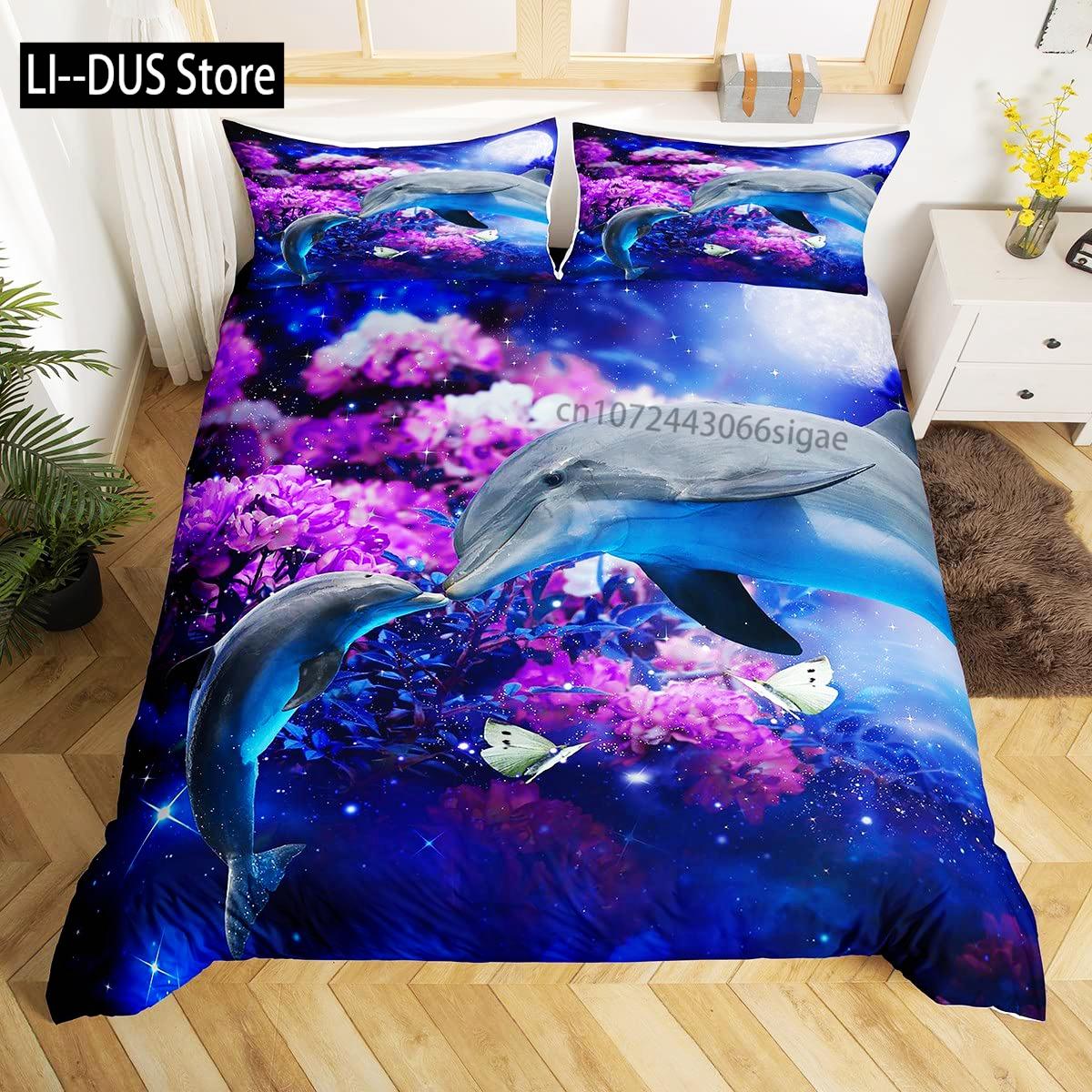 Galaxy Bedding Set Dolphin Comforter Cover for Kids Adult Duvet Cover Sea Creatures Bed Cover Starry Sky Blue Room Decor 3Pcs EU single(135x200cm)