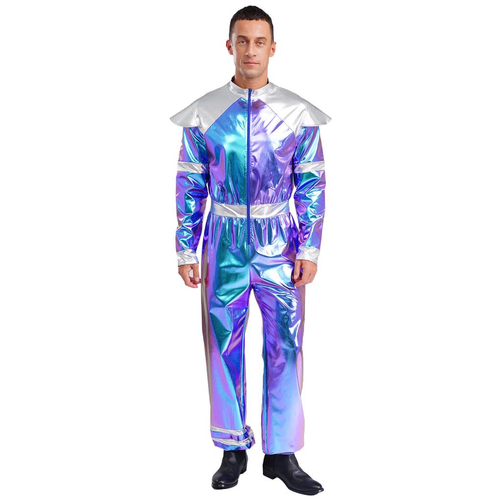 M-3XL Men‘s Halloween Alien Costume: Deluxe Shiny Metallic Robot Jumpsuit, One Piece Long Sleeve Retro Space Outfit