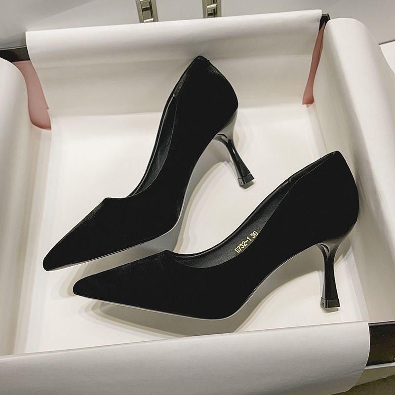Versatile Suede Black High Heels New Pointed Shallow Mouth Professional Work Shoes Temperament Single Shoes
