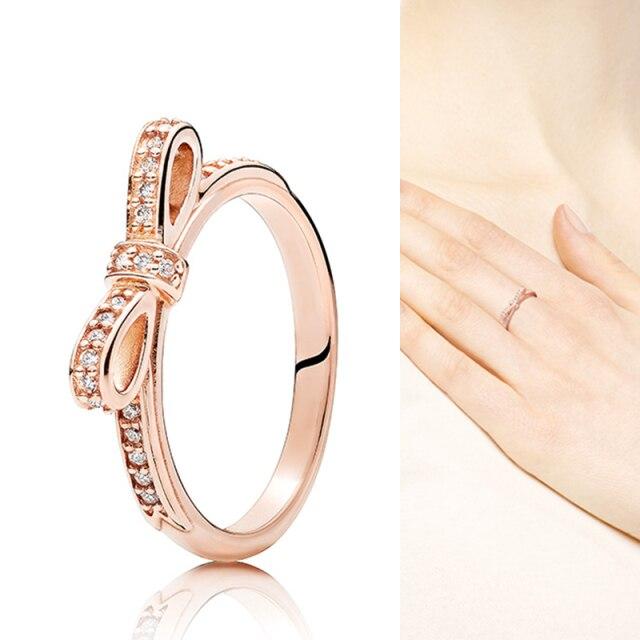 

Кольцо из стерлингового серебра 925 пробы, розовое золото с кристаллом Cz, кольцо с бантом для женщин, подарок на свадьбу, модные украшения 10