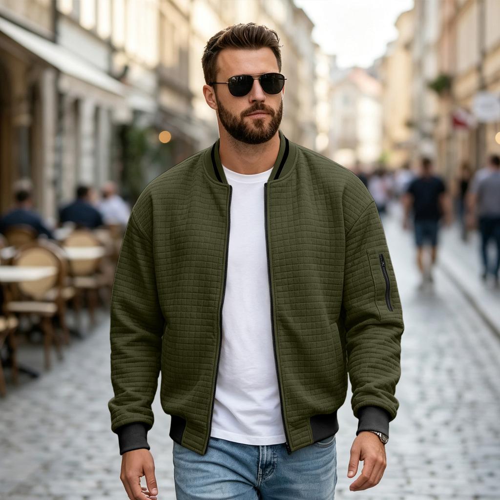 Men's Casual Color Block Jacket with Stand Collar, Long Sleeves and Pockets