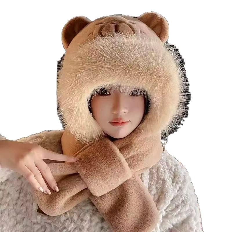 Super cute capybara hat scarf gloves integrated hooded scarf warm cute plush two-in-one hat