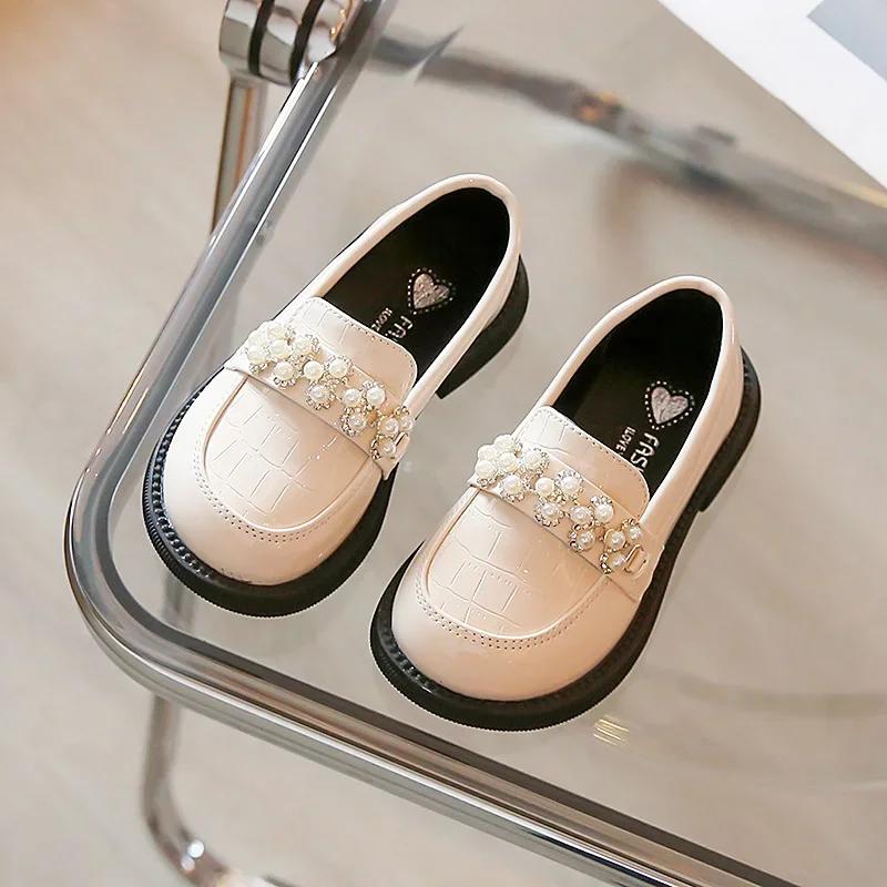 Kids PU Leather Shoes Spring Autumn Fashion Girls Pearls Casual Princess Flats Soft Loafers Simple Children Black Beige