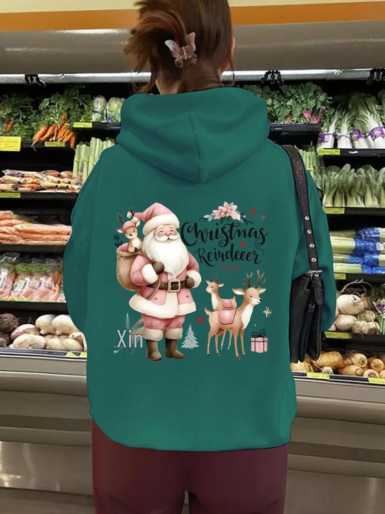 Autumn & Winter Women's Hooded Fleece Lined Sweatshirt with Kangaroo Pocket & Christmas Print