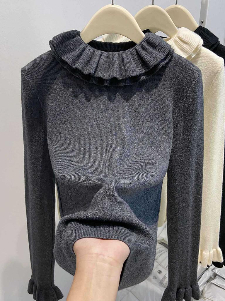 Premium Ruffle Edge Long-sleeved Knitted Sweater for Women's Autumn and Winter New Inner Sweater Bottoming Top