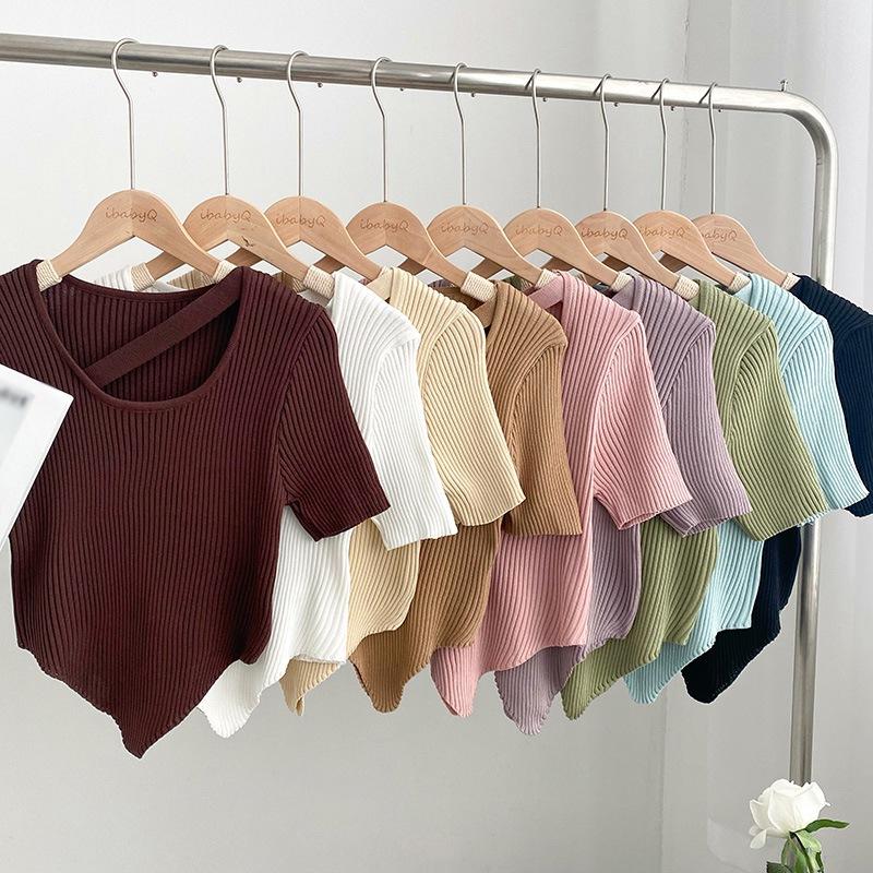 

Вязаная футболка Низ Женский свитер Розовый короткий с узкими топами с длинными рукавами