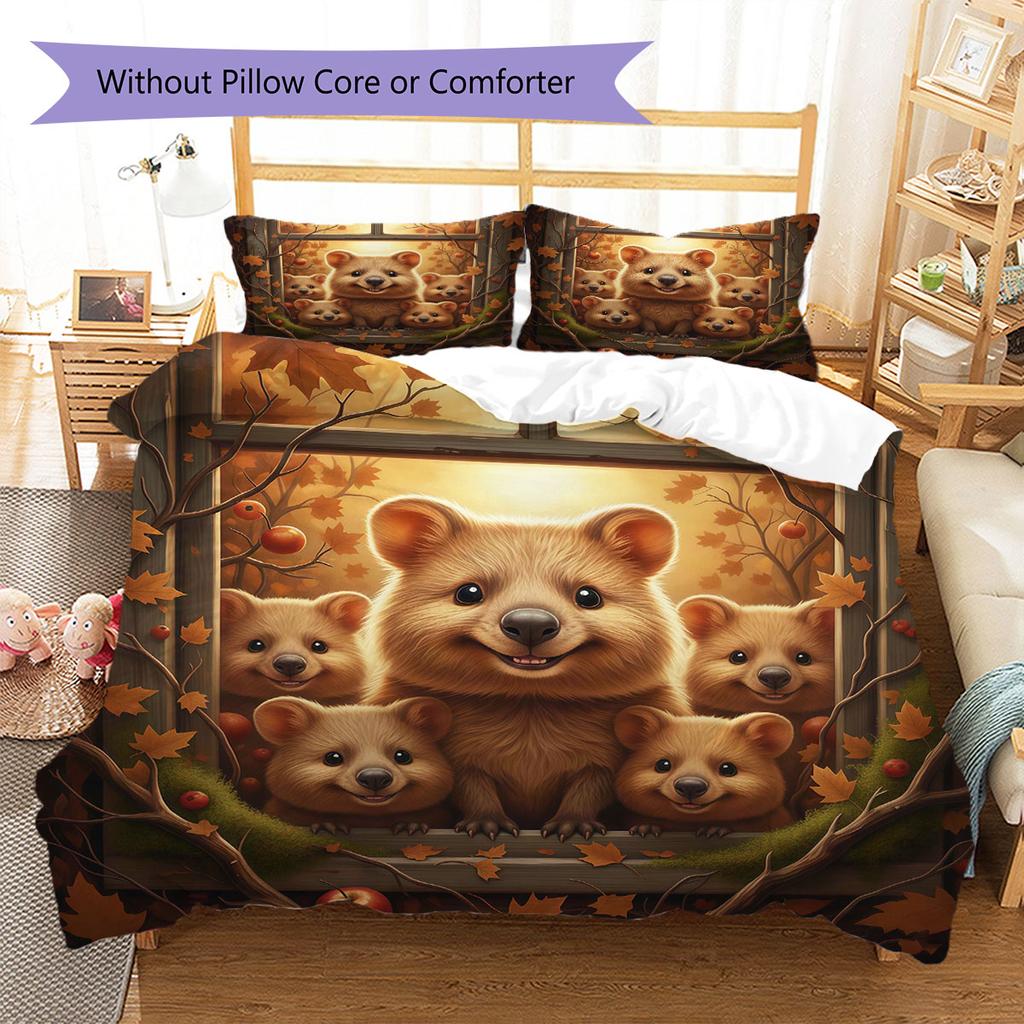 Autumn leaves animals Pattern Bedding Quilt Set Quilt Cover Pillowcase Home Decoration Birthday Gift (1 * duvet cover + 2 * pillowcase, without core)