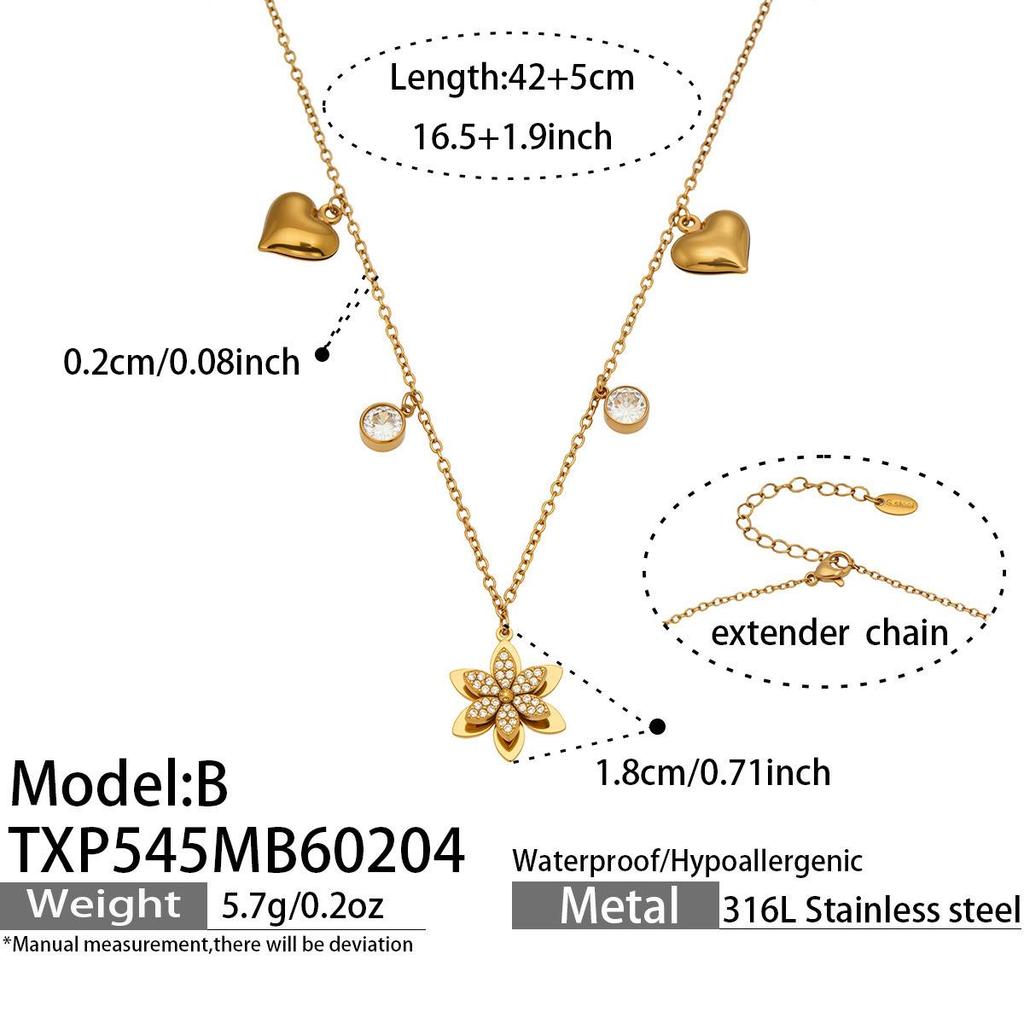 European American Fashion Zirconia Flower Heart Pendant Necklace, Bracelet, Earrings, Ring, and Bangle Set
