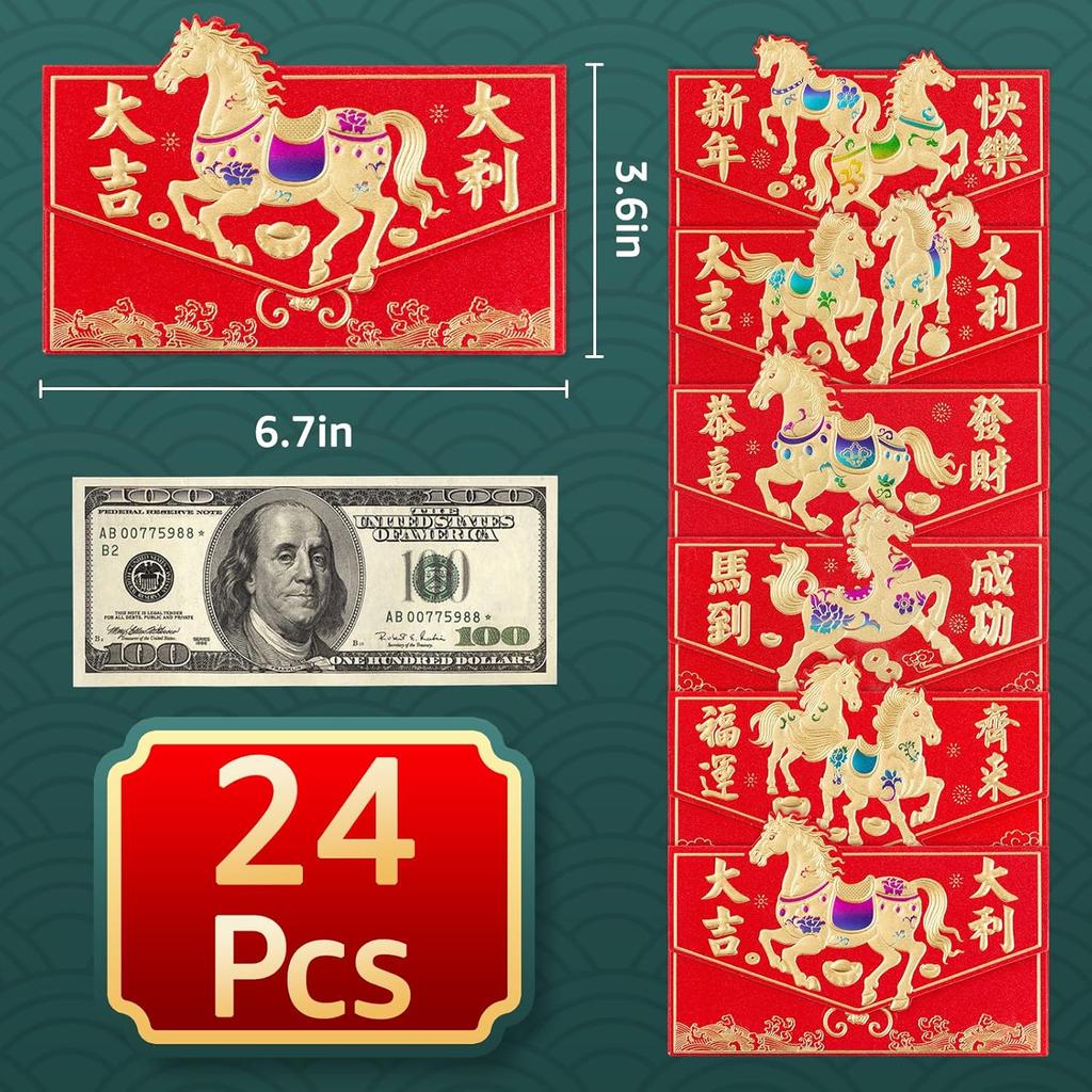 24Pcs Year of the Horse Chinese New Year Red Envelopes 2026 - Ideal for Cash and Co, Lunar Festival Envelope