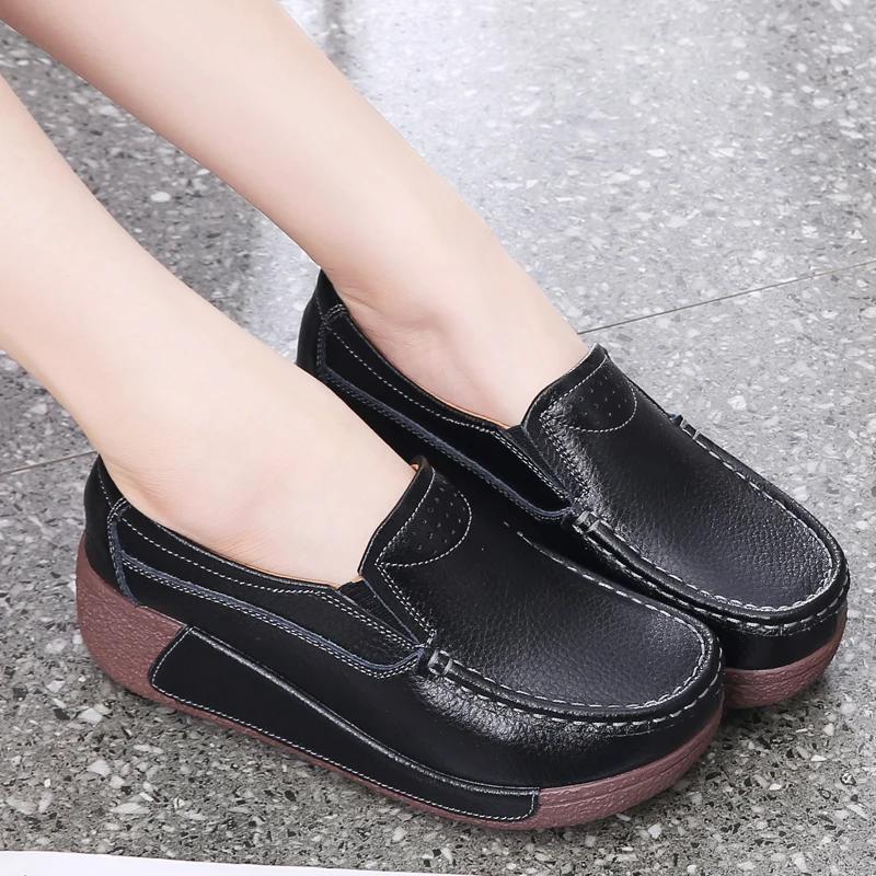 Fashion Soft Flatform Shoes Ladies Wedges Non-Slip Walking Shoes Lightweight Genuine Leather Casual Shoes Women Thick Bottom