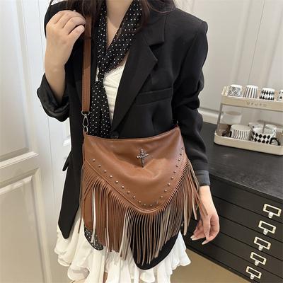 2505 Spring and Summer Season New Fashion Rivet Soft Leather Trendy Casual Rivet Fringed Bag Single Shoulder Oblique Span Bag Women's Bag