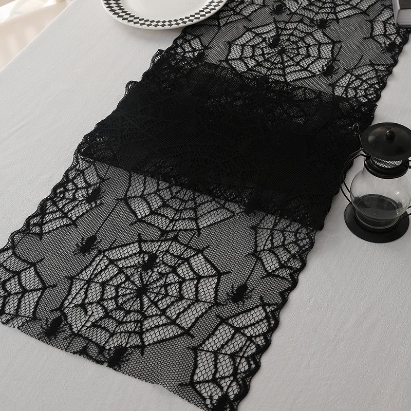 1pc Black Polyester Lace Spider Web Table Runner | American Halloween Party Gift Home Dining Decor, Ghost Festival, Festive Tabletop Accessory